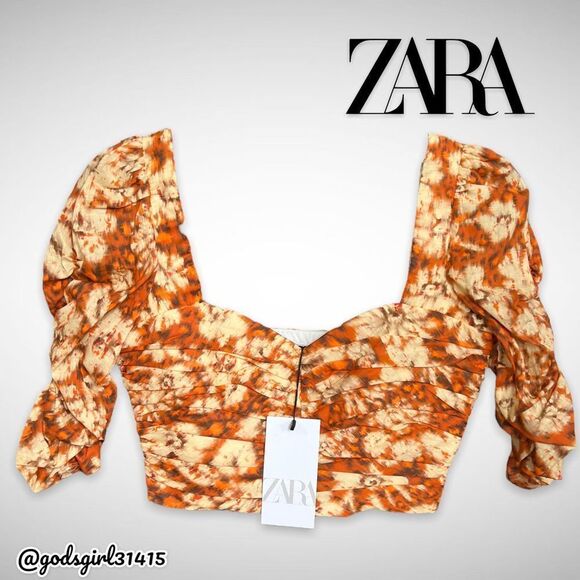 NWT Zara Printed Drape Crop Top Square Neck Orange Floral Sz XS - Picture 3 of 10